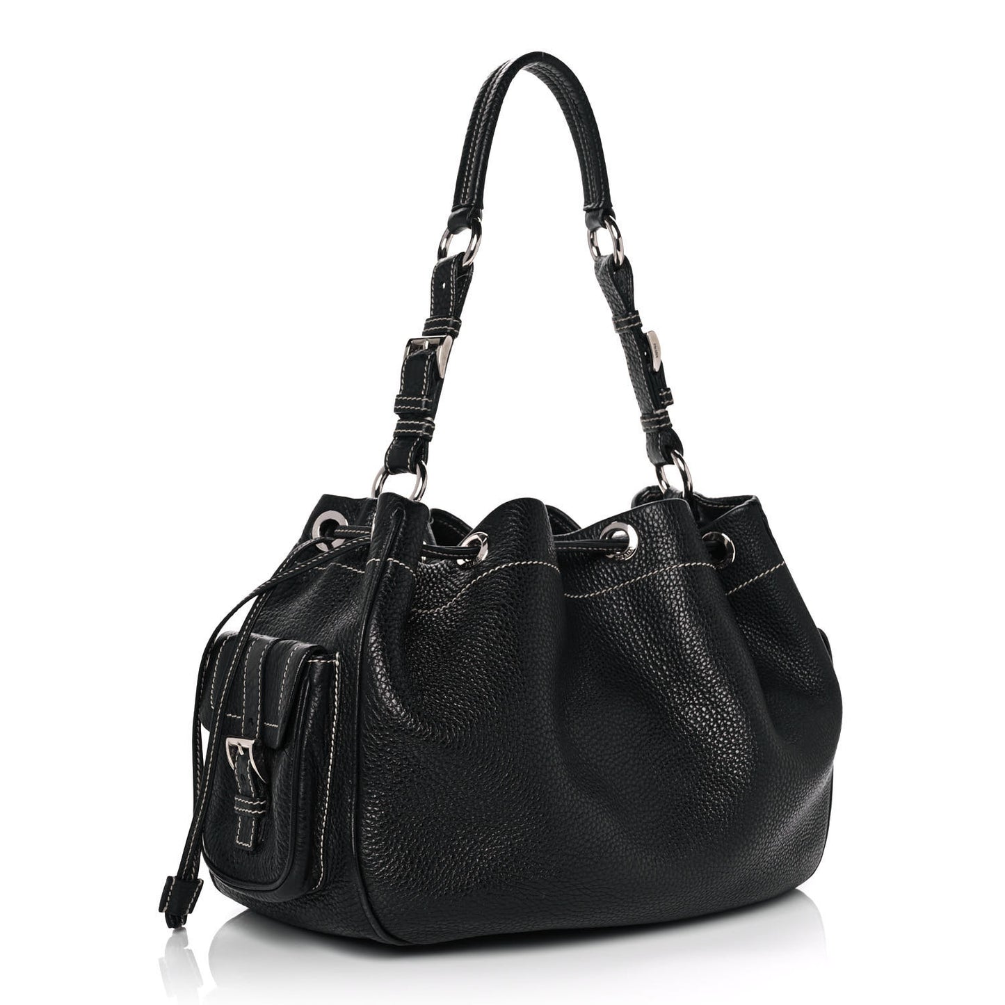 Vitello Daino Drawstring Bucket Black