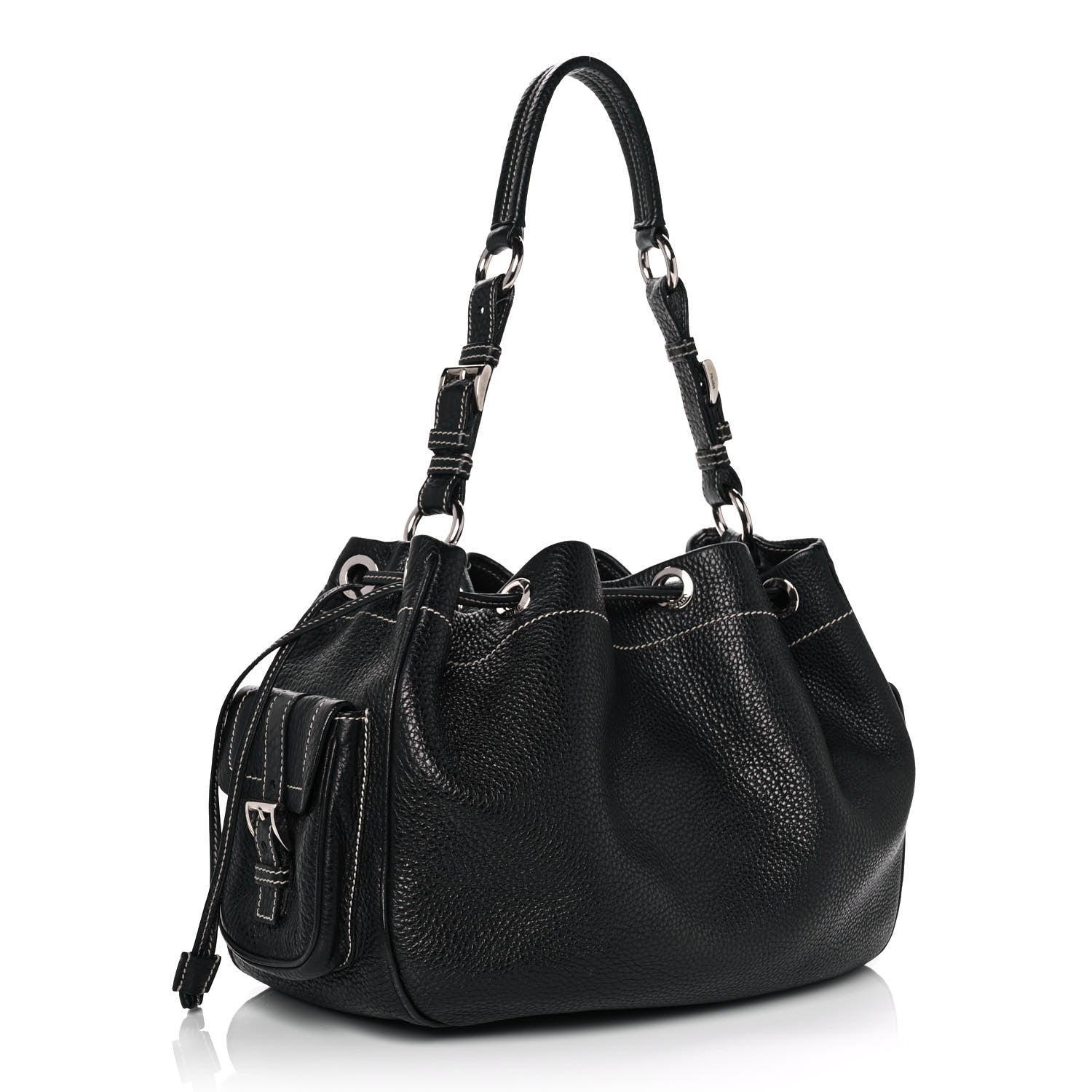Prada Vitello Daino Drawstring Bucket Black 2 of 9