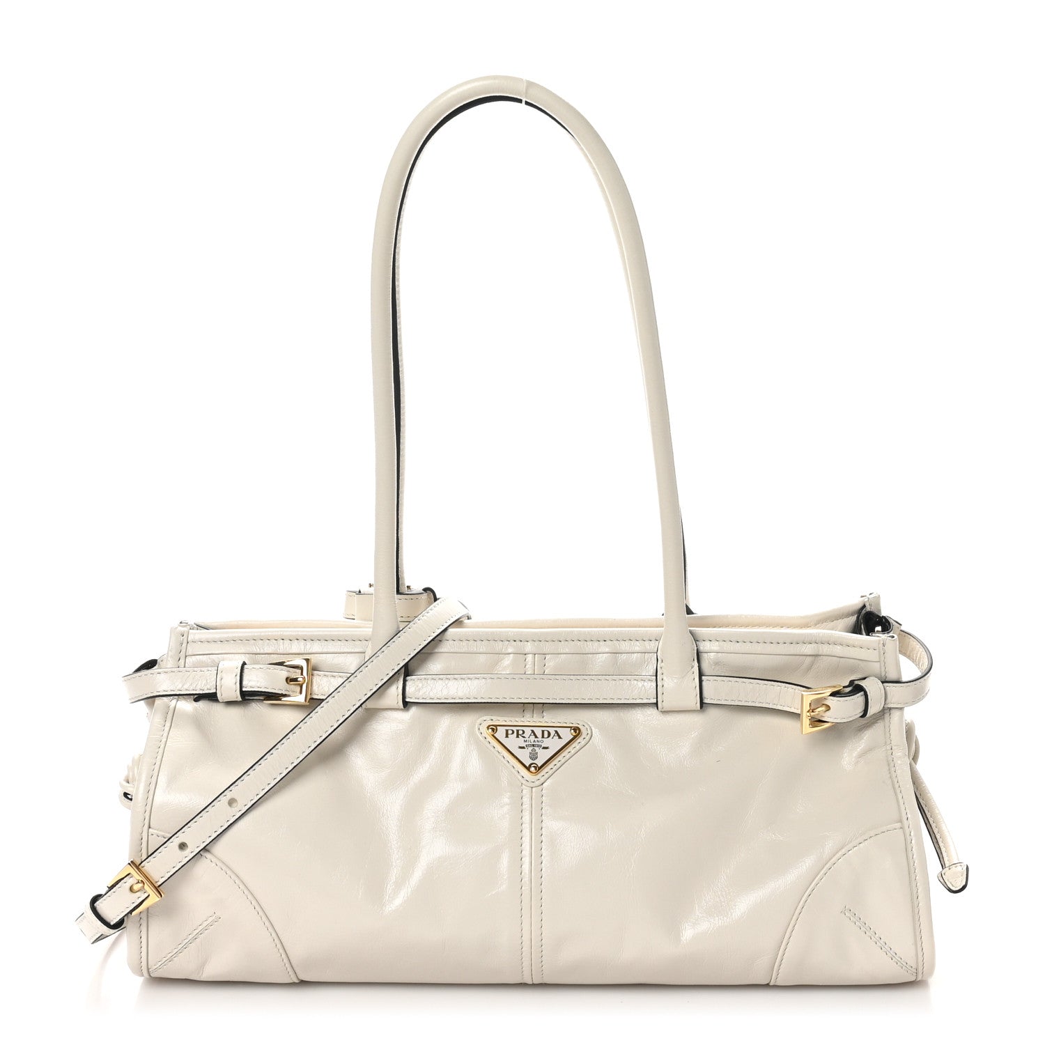 Prada Glossy Calfskin Triangle Medium Bonnie Shoulder Bag White 1 of 9