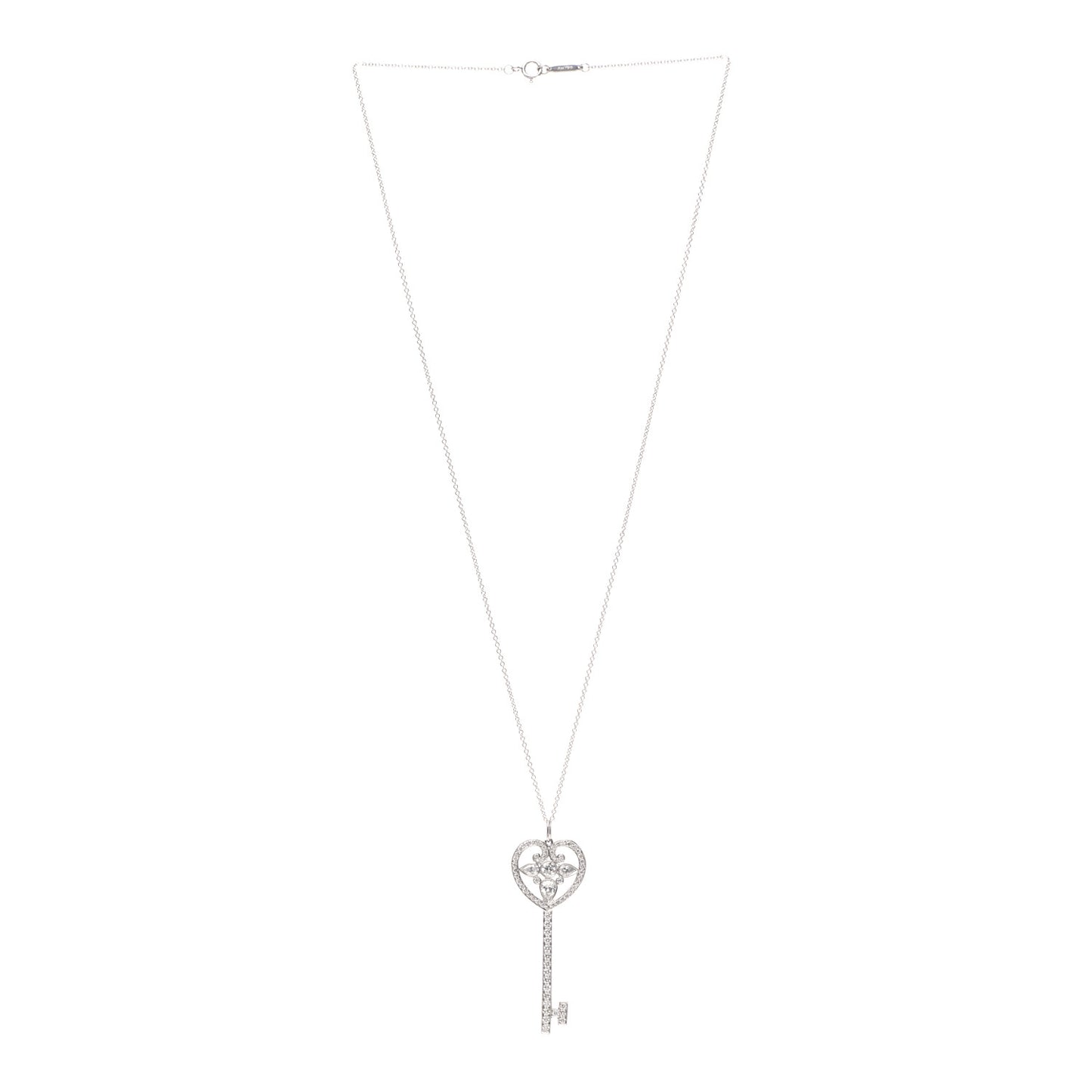 Platinum Diamond Ornate Heart Key Pendant Necklace