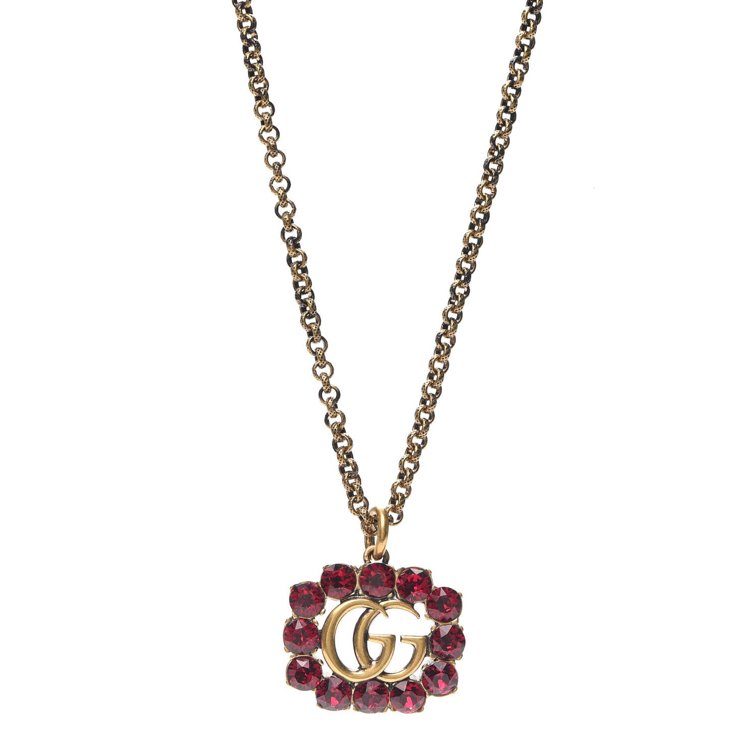 Gucci Crystal Embellished Double G Necklace Red Aged Gold 1 of 4