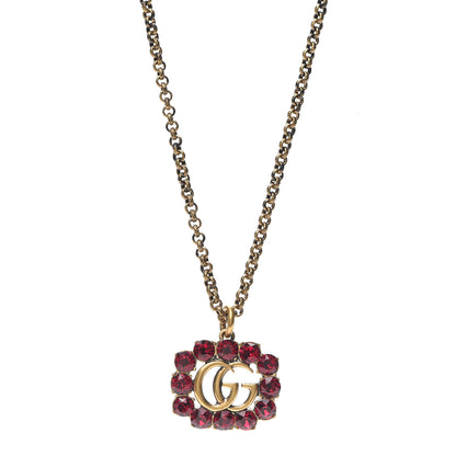 Gucci Crystal Embellished Double G Necklace Red Aged Gold 1 of 4