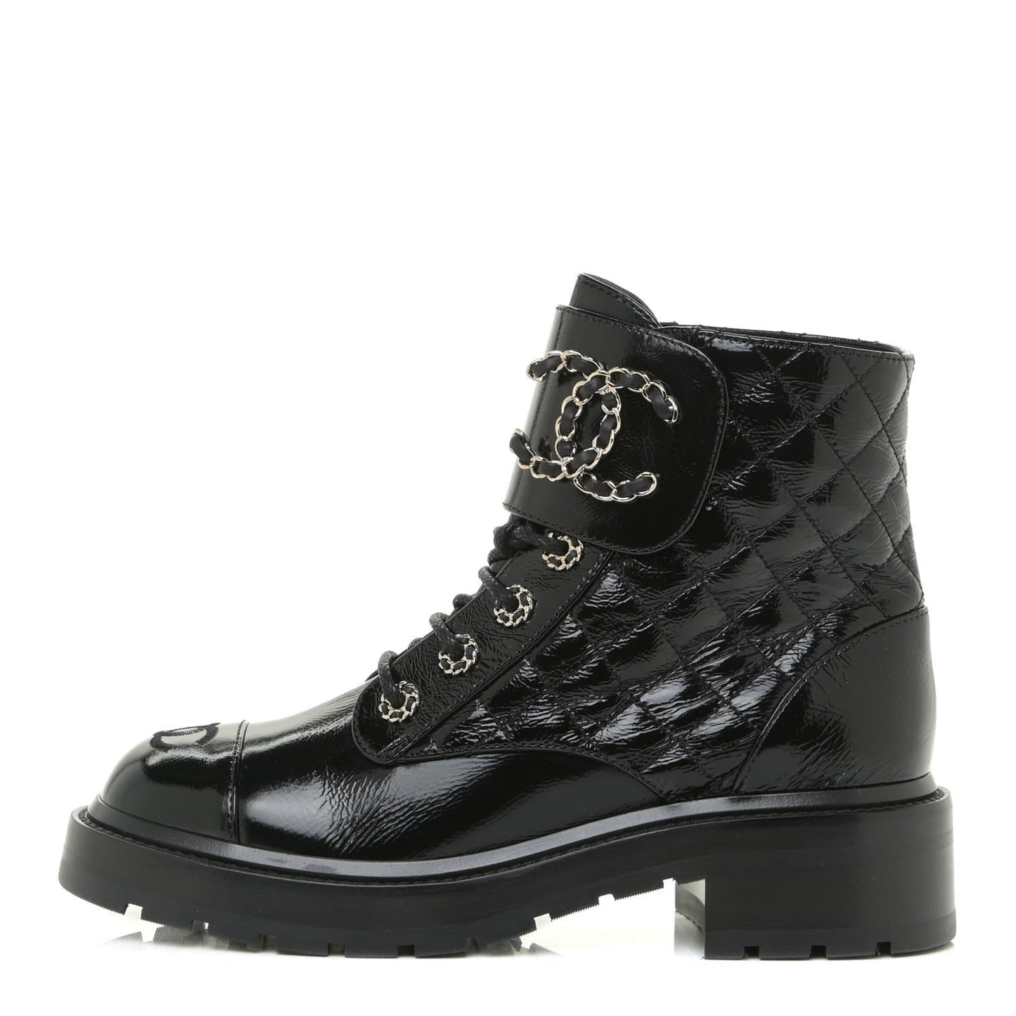 Shiny Calfskin Quilted Lace Up Combat Boots 37.5 Black