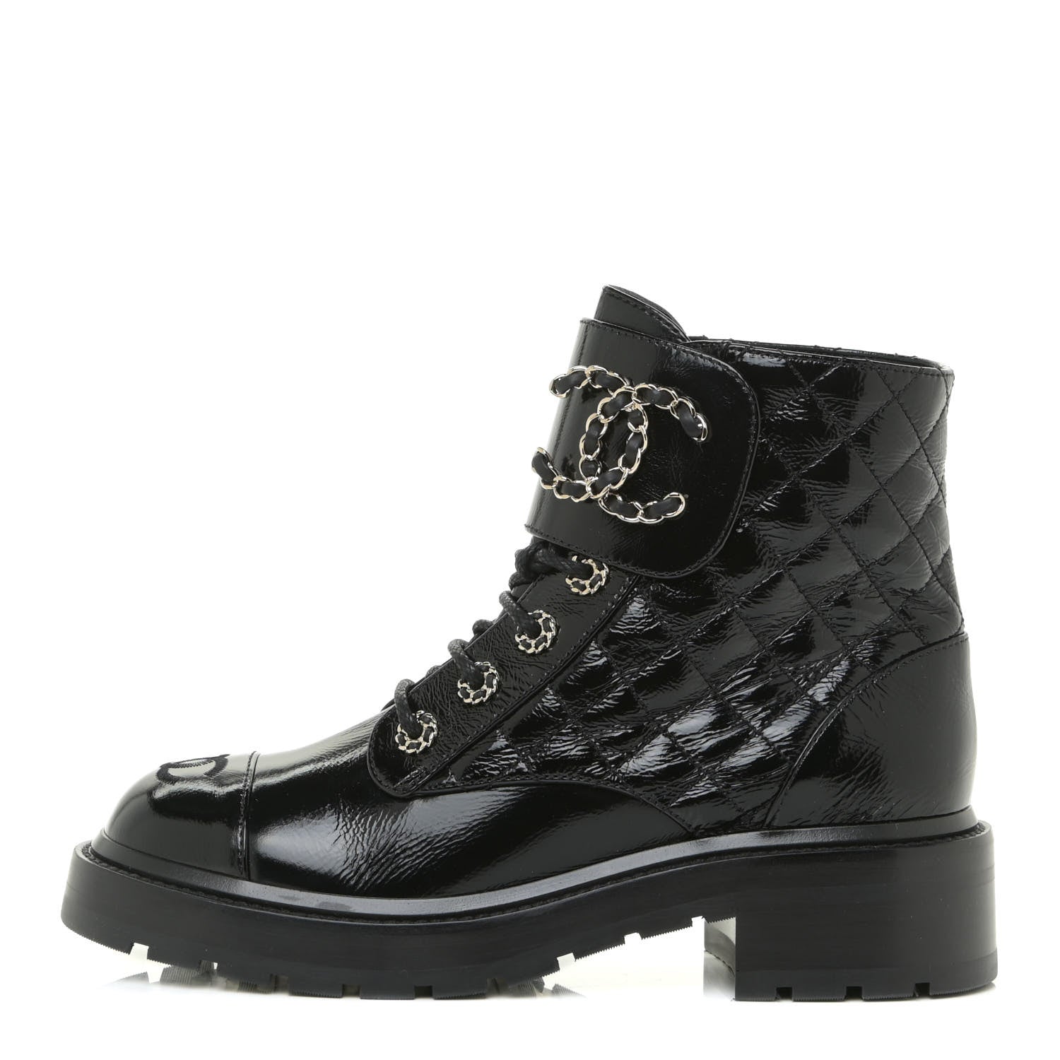 Chanel Shiny Calfskin Quilted Lace Up Combat Boots 37.5 Black 1 of 15