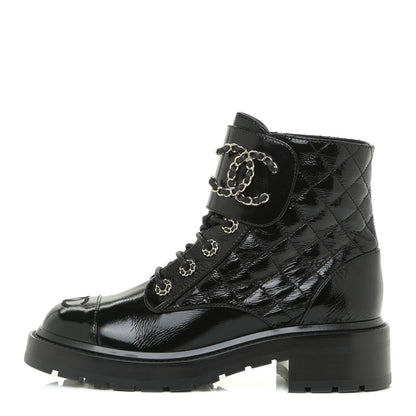 Chanel Shiny Calfskin Quilted Lace Up Combat Boots 37.5 Black 1 of 15