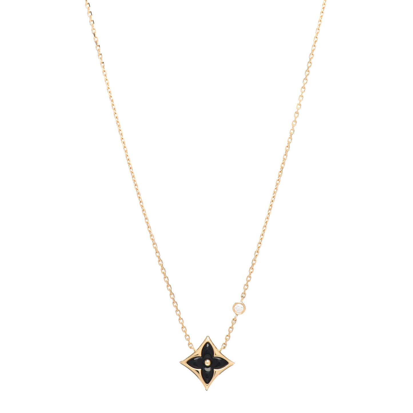 18K Yellow Gold Diamond Black Onyx Color Blossom BB Star Pendant Necklace