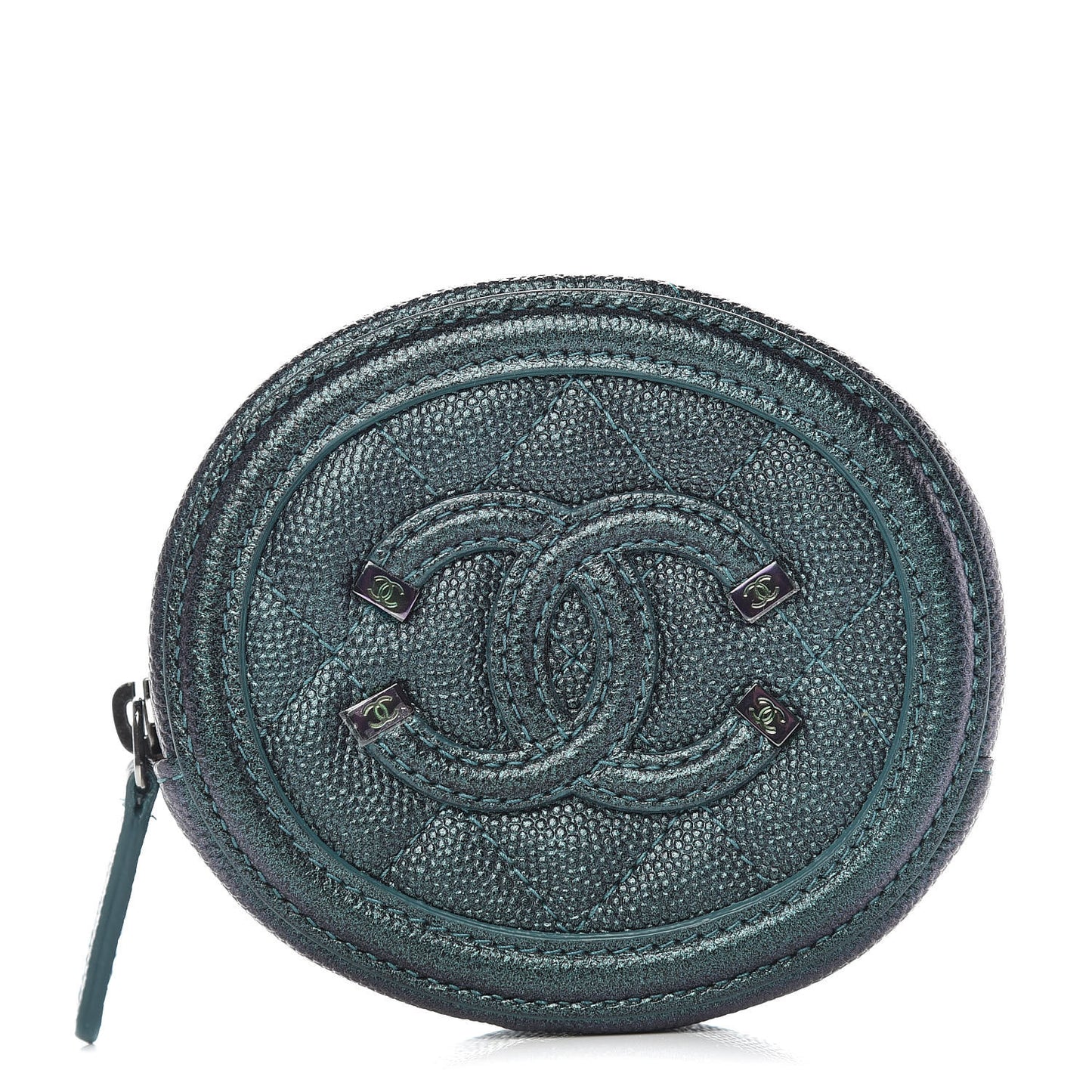 Iridescent Caviar Quilted Filigree Zip Around Classic Coin Purse Dark Turquoise