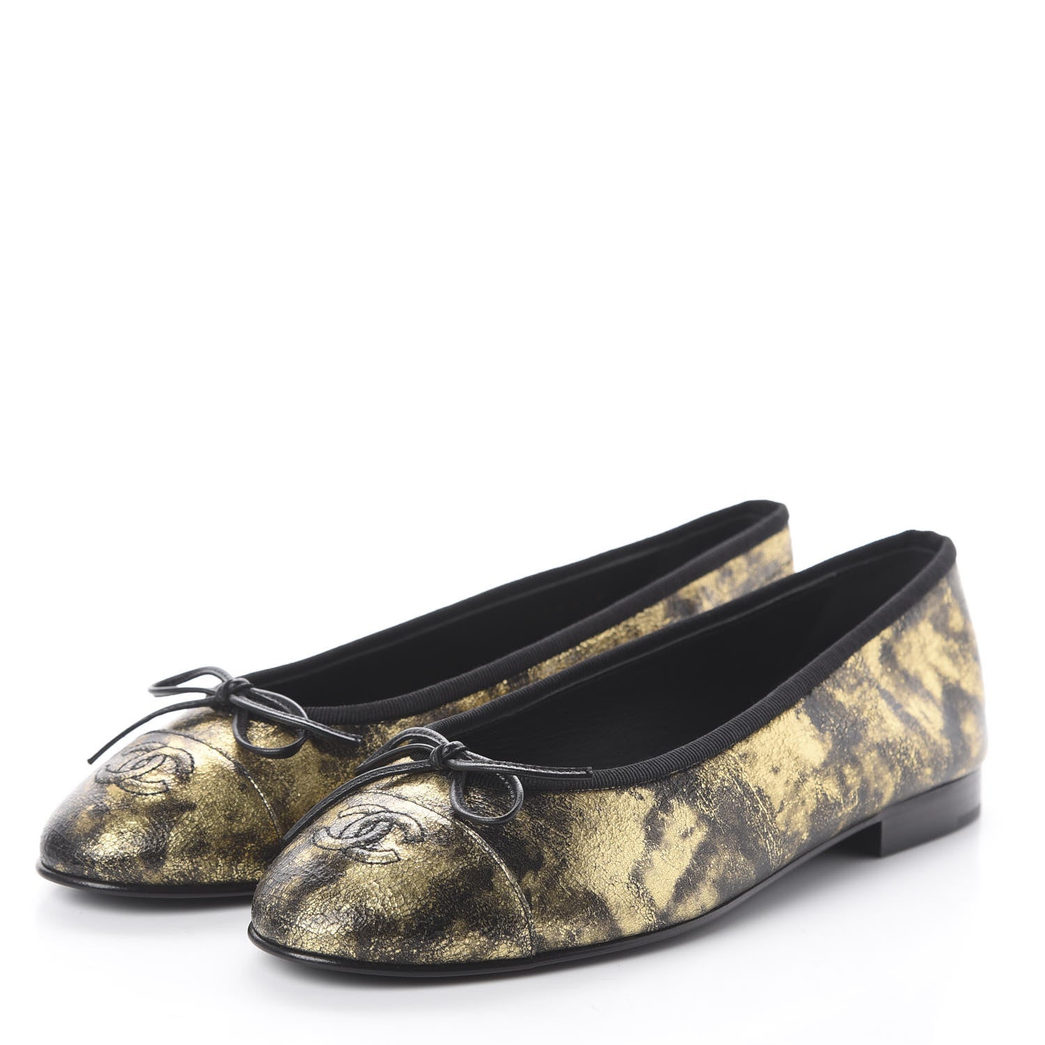 Chanel Laminated Suede Goatskin Cap Toe CC Ballerina Flats 38 Gold Black 2 of 7