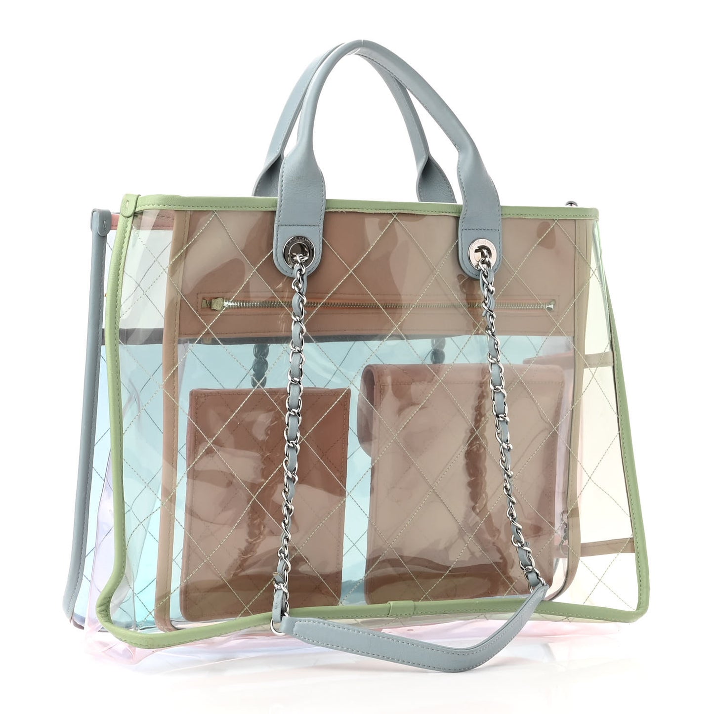 PVC Lambskin Stitched Medium Coco Splash Shopping Bag Blue Green Pink