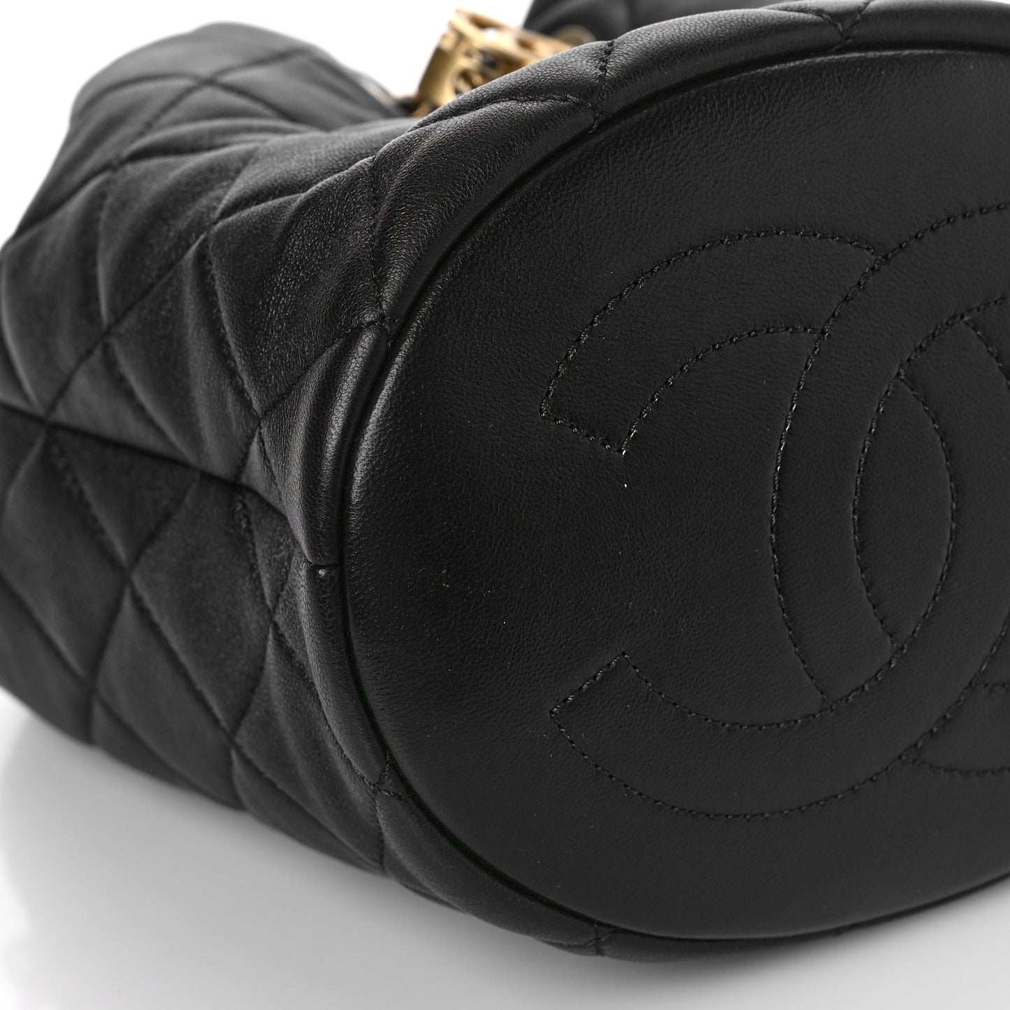 Lambskin Quilted Pearl Crown Drawstring Bag Black