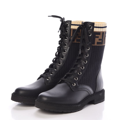 Fendi Calfskin Stretch Fabric Rockoko Biker Boots 35.5 Tobacco Black Marino 3 of 7