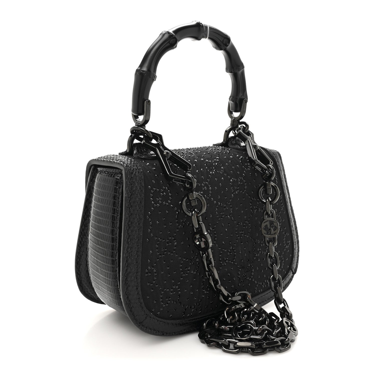 Gucci Moire Fabric Calfskin Rhinestone Monogram Monochrome Lizard Embossed Mini Bamboo 1947 Top Handle Chain Bag Black 3 of 10