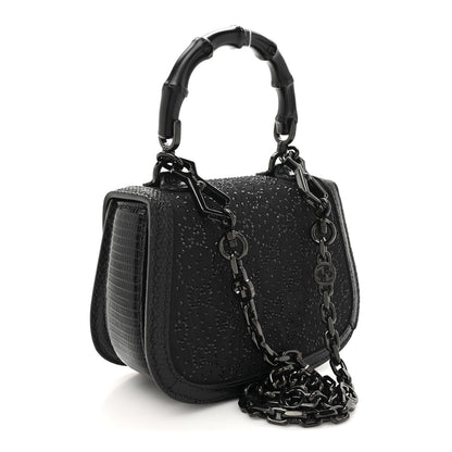 Gucci Moire Fabric Calfskin Rhinestone Monogram Monochrome Lizard Embossed Mini Bamboo 1947 Top Handle Chain Bag Black 3 of 10