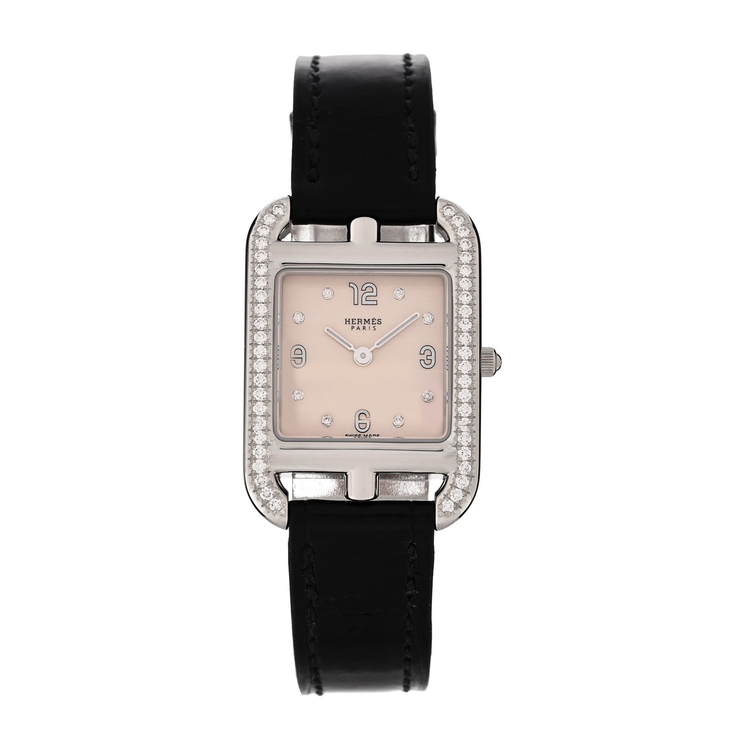 Hermes Stainless Steel Alligator Diamond Bezel 23mm Cape Cod Quartz Watch Noir 1 of 5