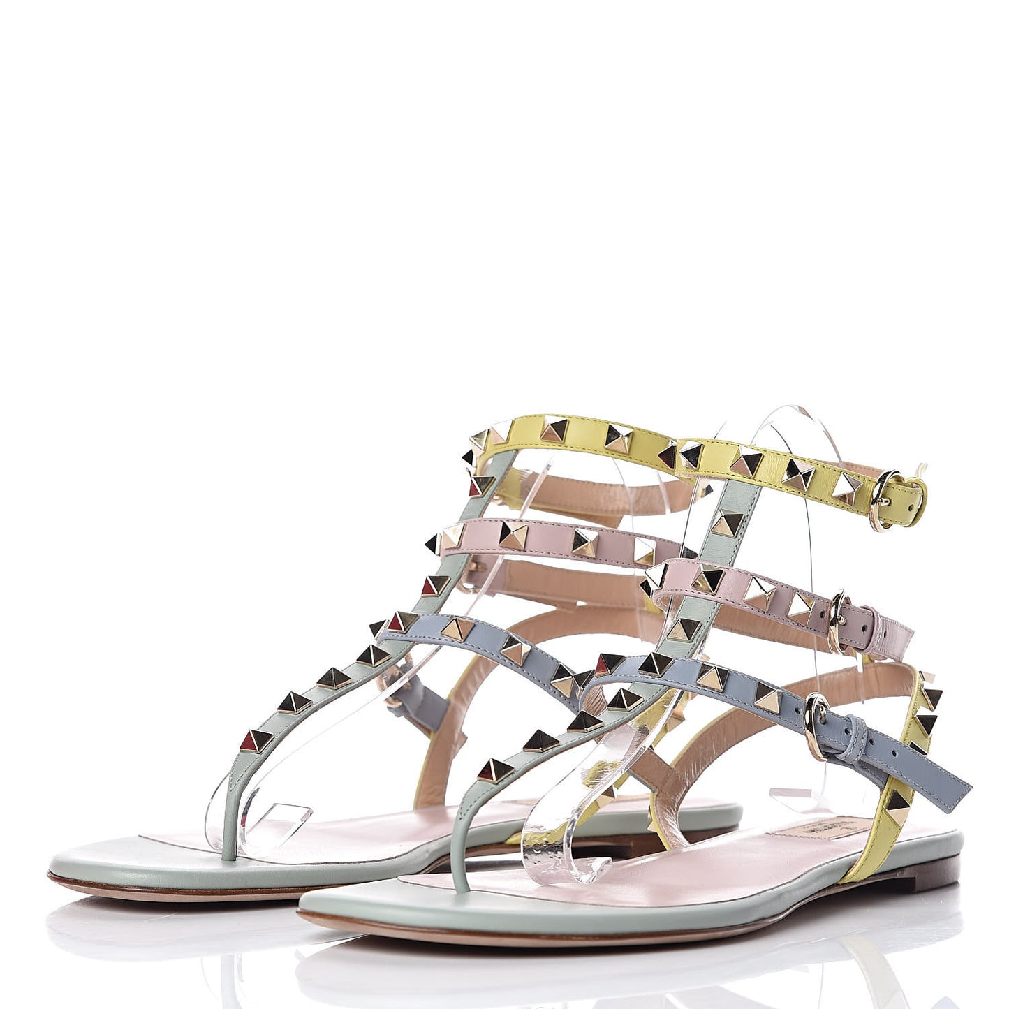 Calfskin Colorblock Rockstud Ankle Wrap Flat Thong Sandals 39.5 Multicolor
