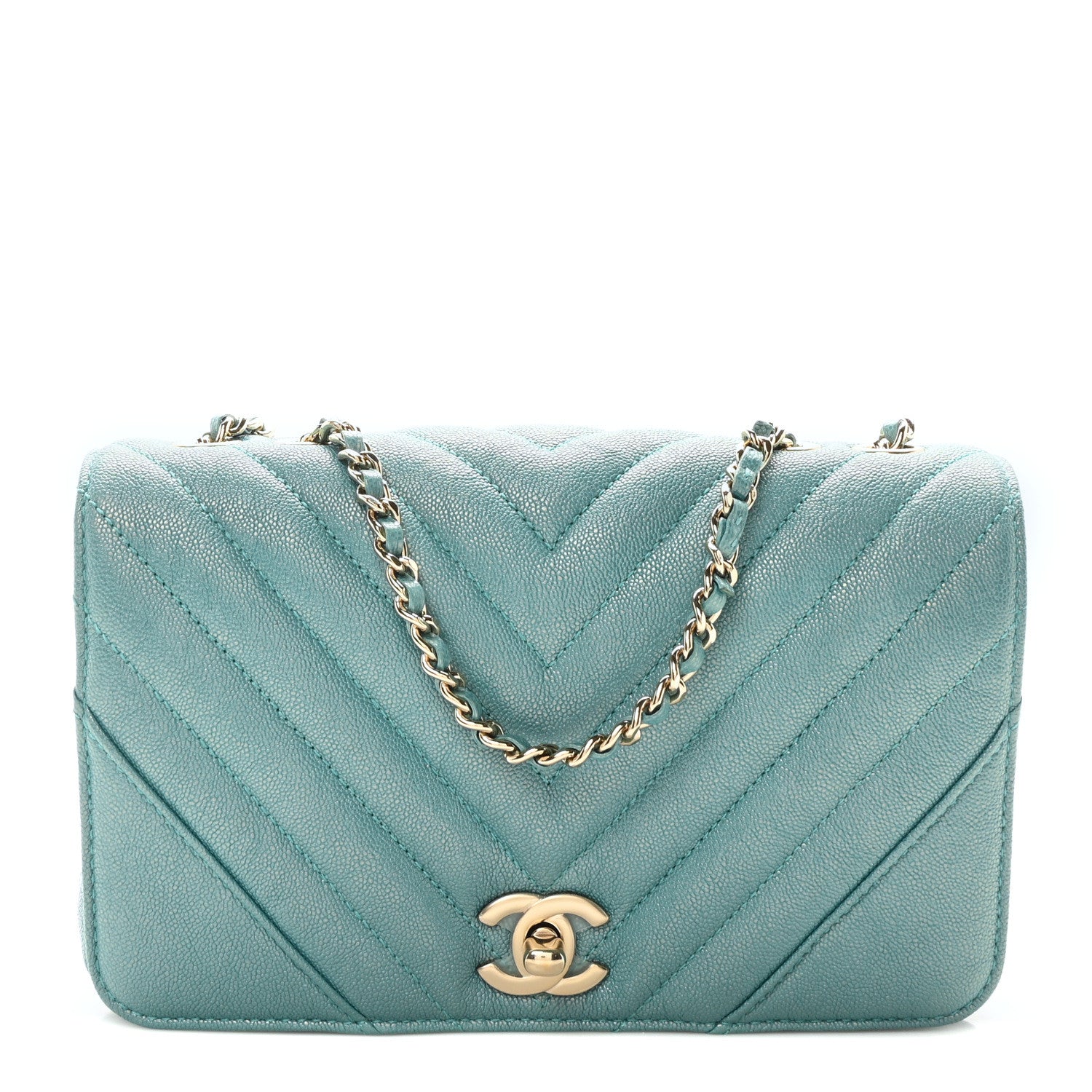 Chanel Metallic Caviar Chevron Quilted Small Statement Flap Turqouise 1 of 10