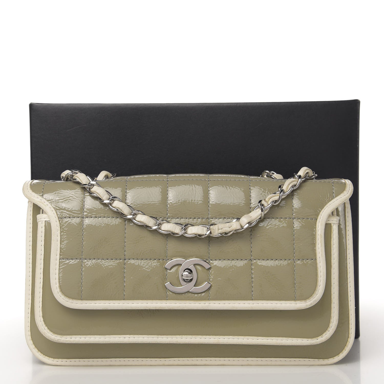 Chanel Patent Lambskin Medium Chocolate Bar Flap Khaki Beige 15 of 15