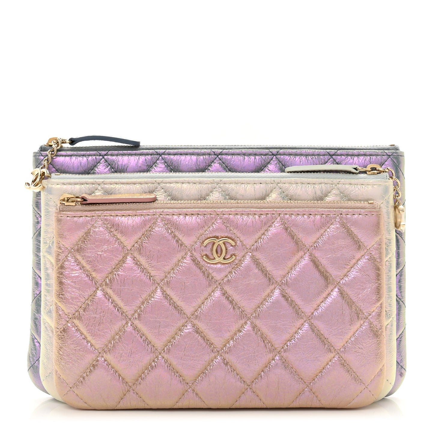 Iridescent Crumpled Calfskin Trio Cosmetic Case Blue Pink Ivory