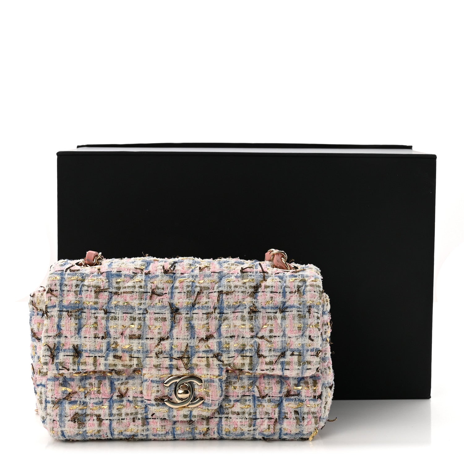 Chanel Tweed Quilted Mini Rectangular Flap Light Blue Pink Gold White 11 of 11