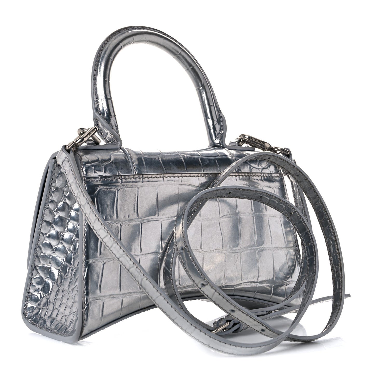 Metallic Calfskin Crocodile Embossed Hourglass Top Handle Bag XS Silver
