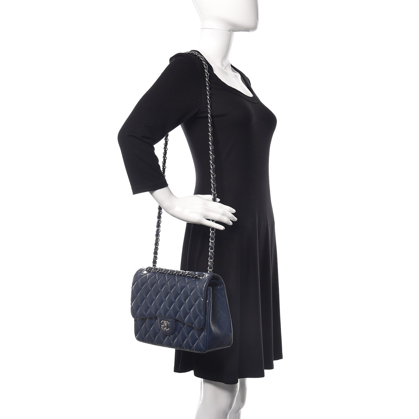 Caviar Quilted Jumbo Double Flap Navy Blue