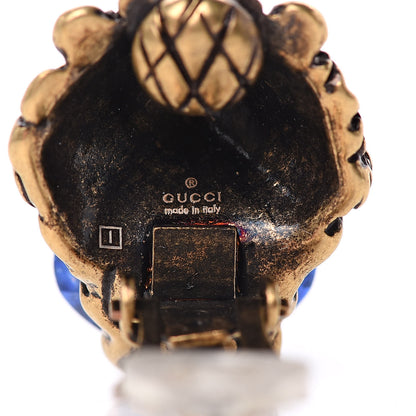 Gucci Metal Crystal Lion Clip On Earrings Aged Gold Blue 3 of 5