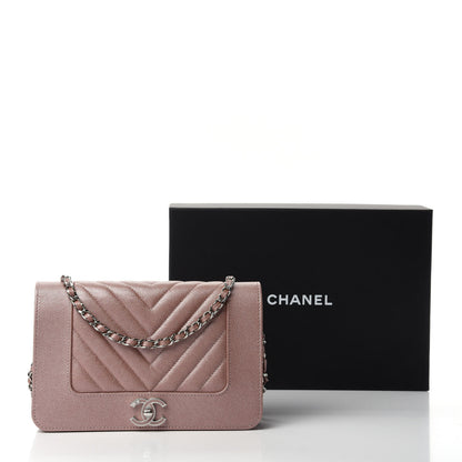 Chanel Metallic Caviar Chevron Quilted Vintage Mademoiselle Wallet On Chain WOC Pink 12 of 12