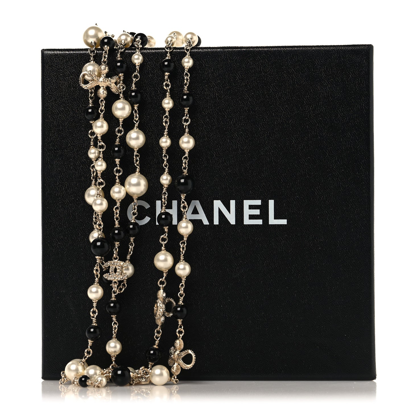 Pearl Beaded Crystal CC Long Necklace Gold Black White