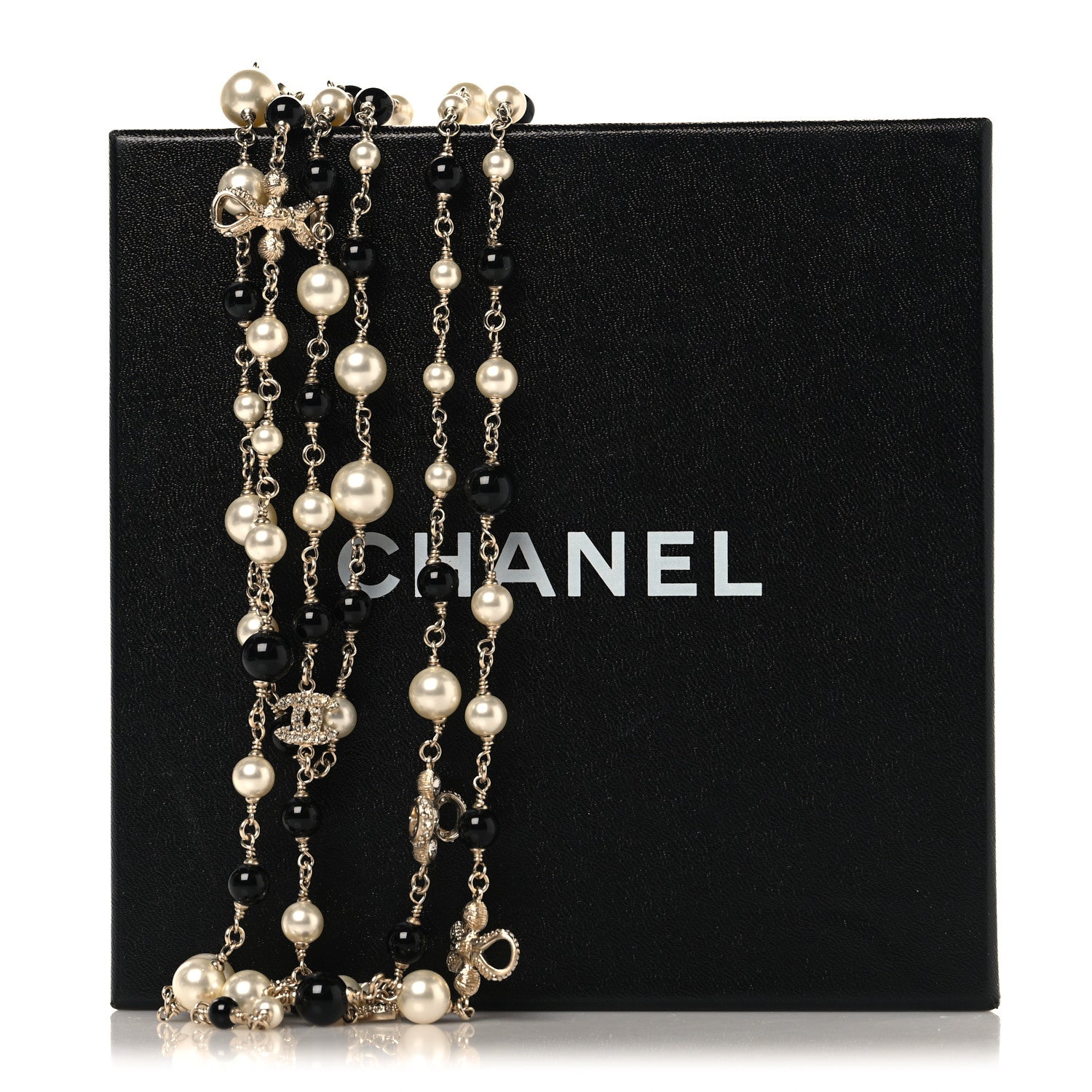 Chanel Pearl Beaded Crystal CC Long Necklace Gold Black White 5 of 5