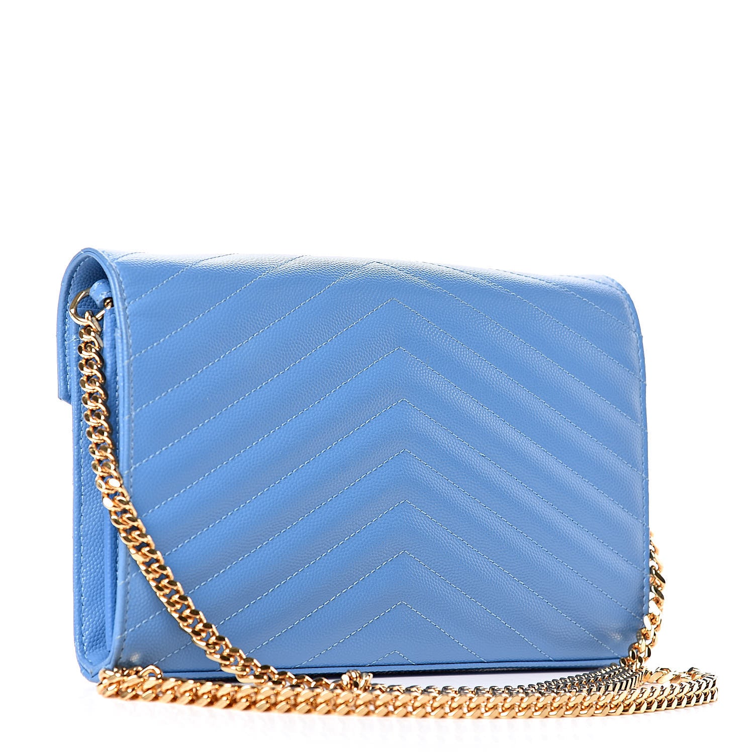 Saint Laurent Grain De Poudre Matelasse Chevron Monogram Chain Wallet Blue Clair 3 of 13