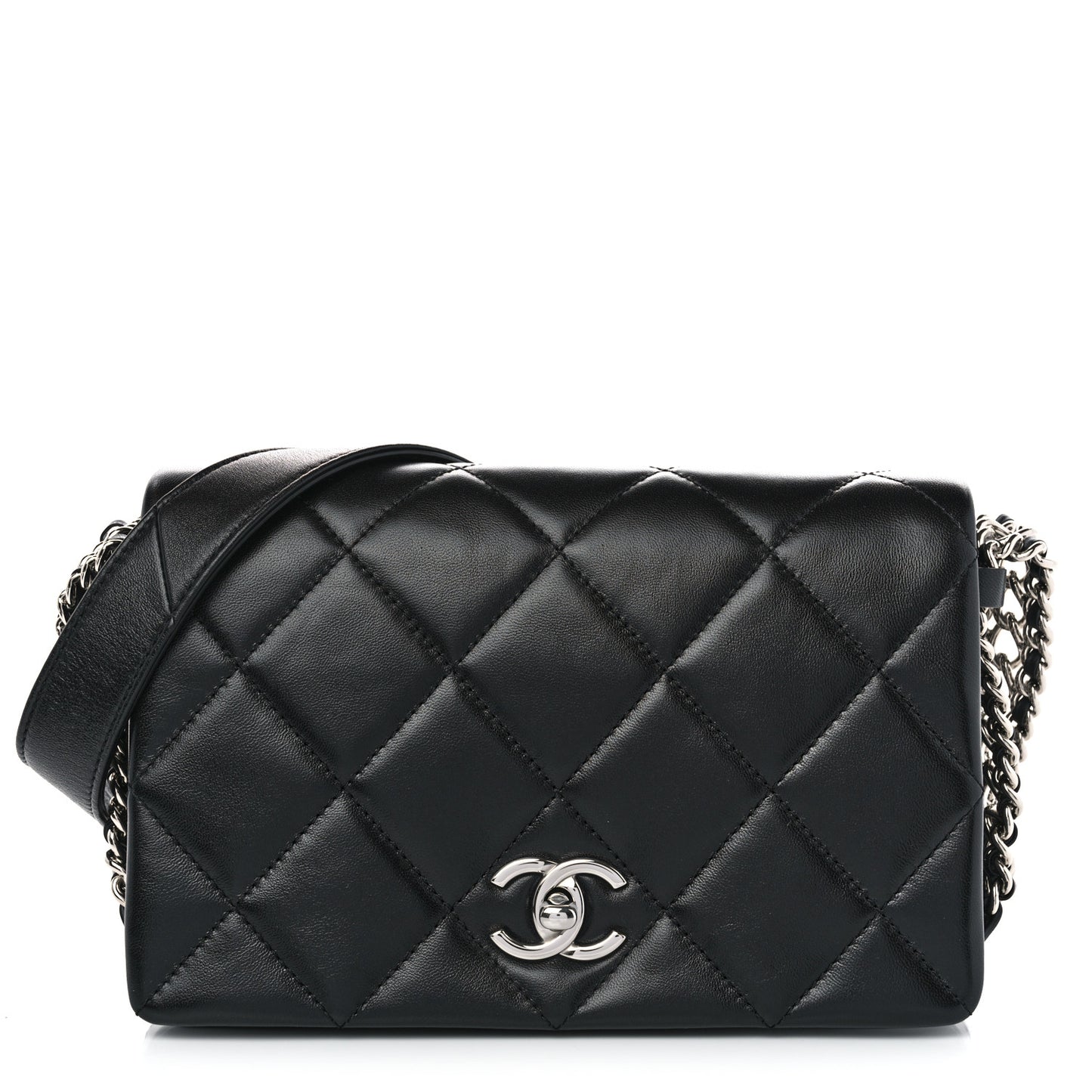 Lambskin Quilted Small Chain Rows Flap Black