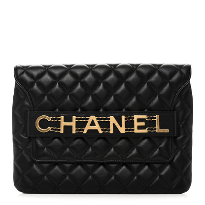 Chanel Calfskin Quilted Front Logo Enchained Clutch Black 1 of 11