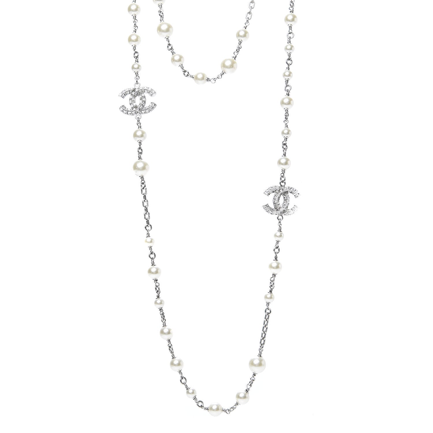 Chanel Crystal Pearl CC Long Necklace Silver 1 of 4