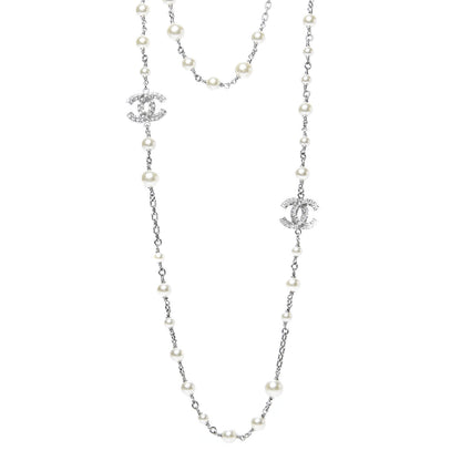 Chanel Crystal Pearl CC Long Necklace Silver 1 of 4