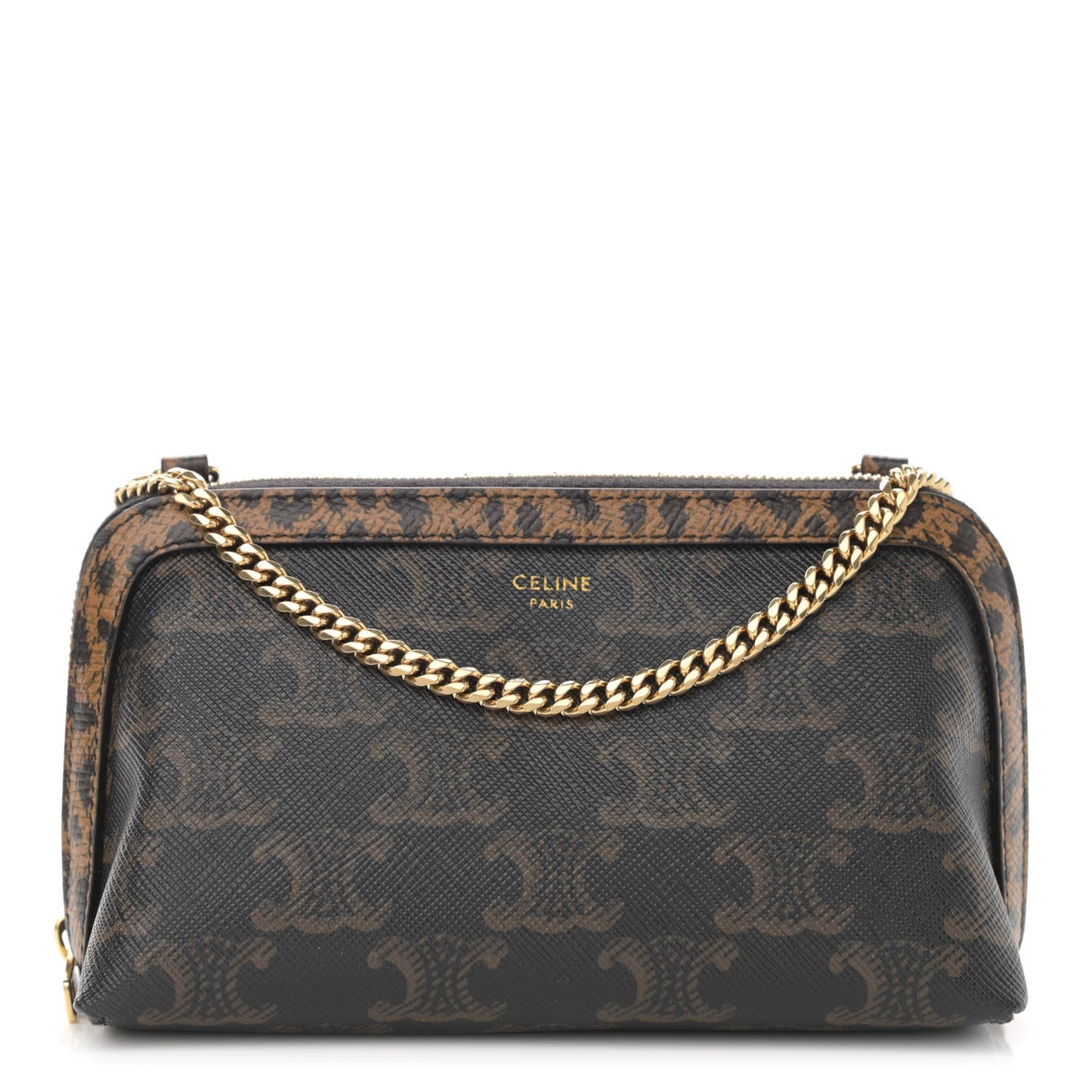 Triomphe Canvas Calfskin Leopard Print Mini Clutch on Chain Black Tan