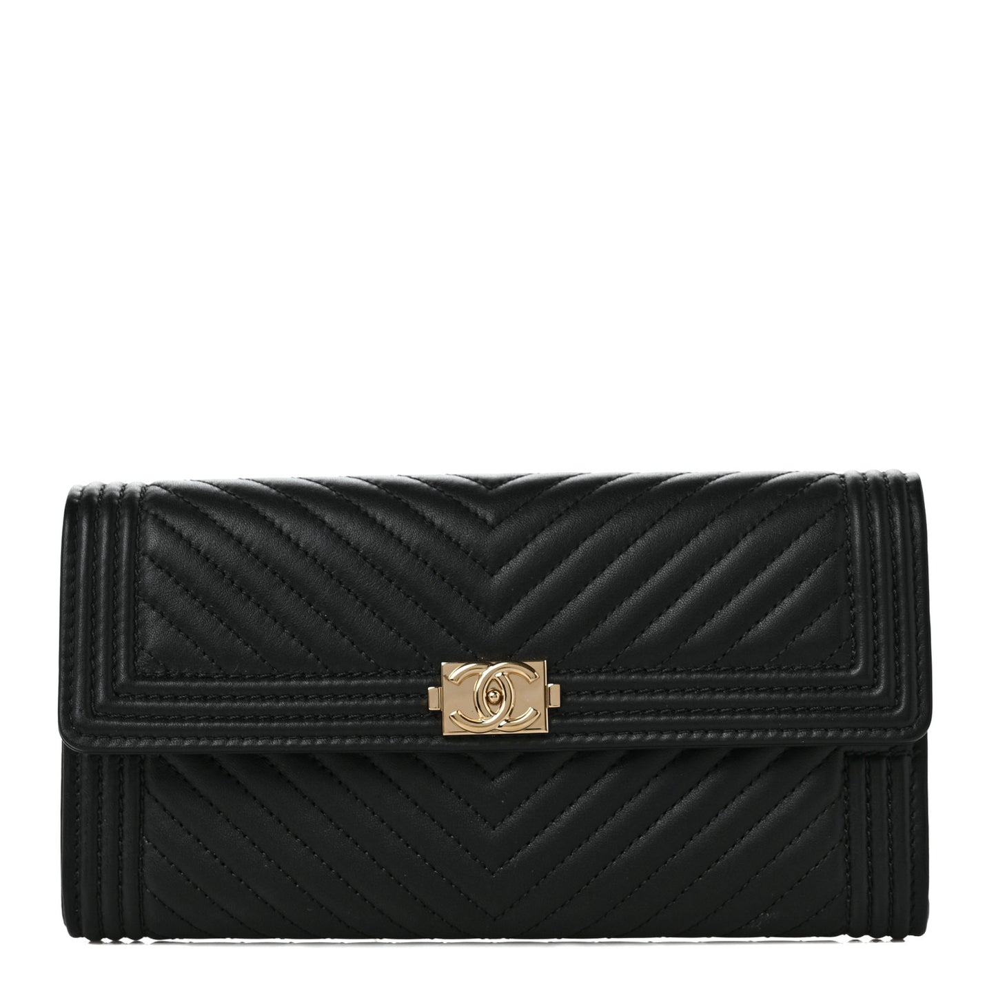 Calfskin Chevron Quilted Boy Flap Wallet Black