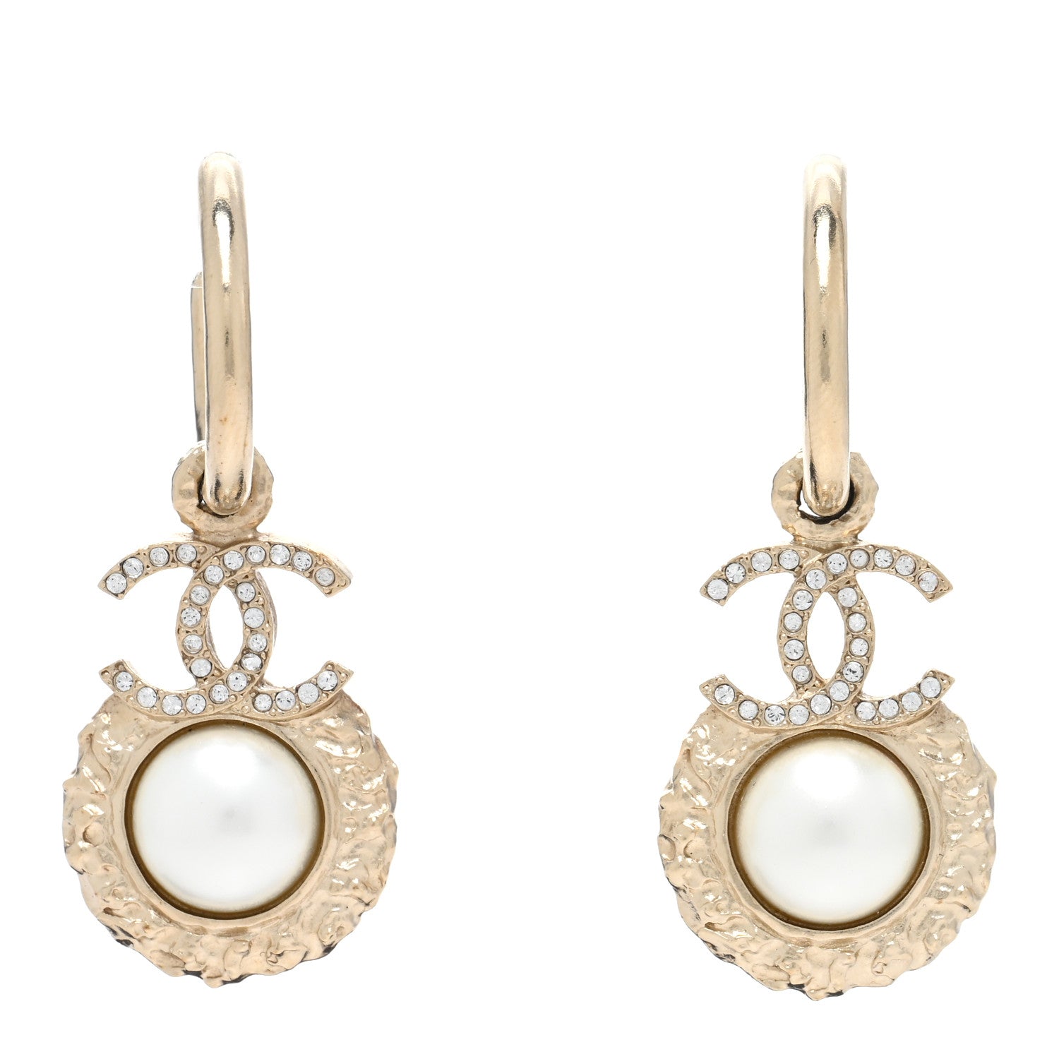 Chanel Metal Crystal Pearl Textured CC Hoop Drop Earrings Gold White 1 of 4