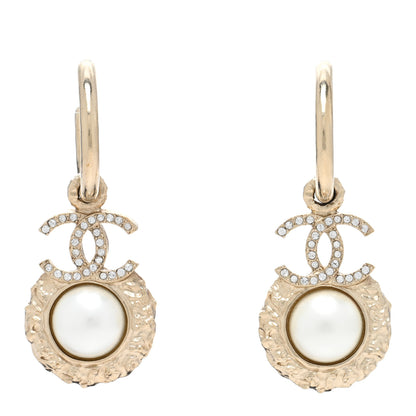 Chanel Metal Crystal Pearl Textured CC Hoop Drop Earrings Gold White 1 of 4