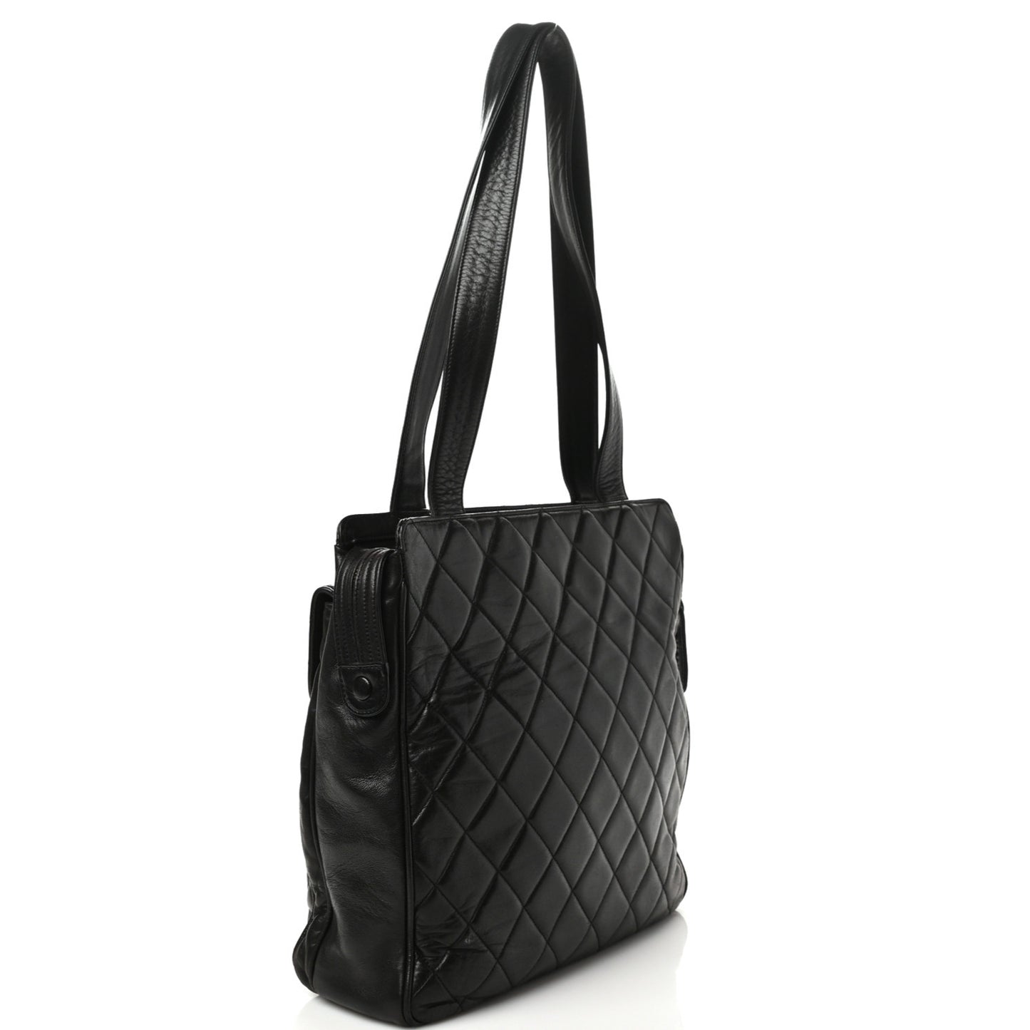 Lambskin Quilted Front Pocket Shopping Tote Black