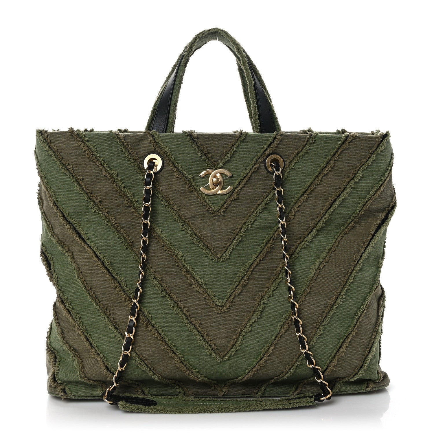 Chanel Canvas Chevron Cuba Patchwork Shopper Tote Khaki 1 of 8