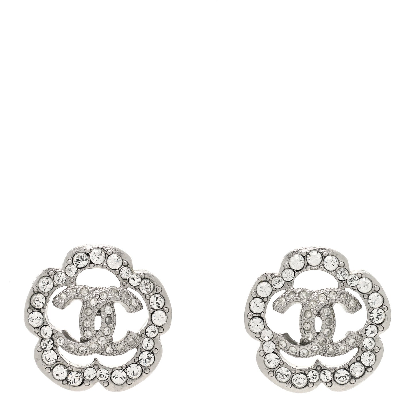Crystal Coco Flapper Camellia CC Stud Earrings Silver
