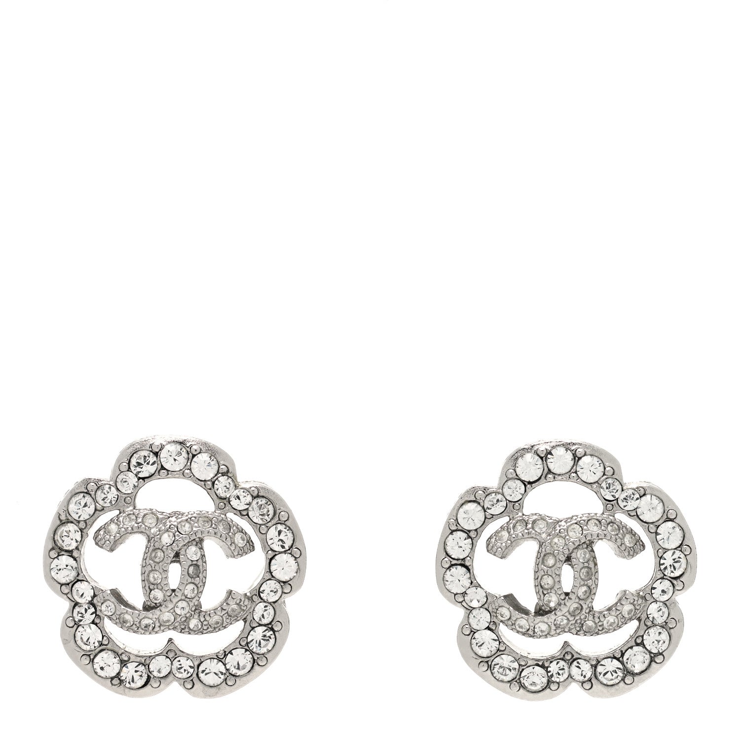 Chanel Crystal Coco Flapper Camellia CC Stud Earrings Silver 1 of 4
