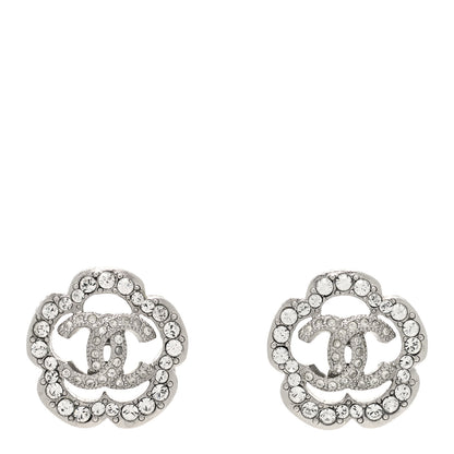 Chanel Crystal Coco Flapper Camellia CC Stud Earrings Silver 1 of 4