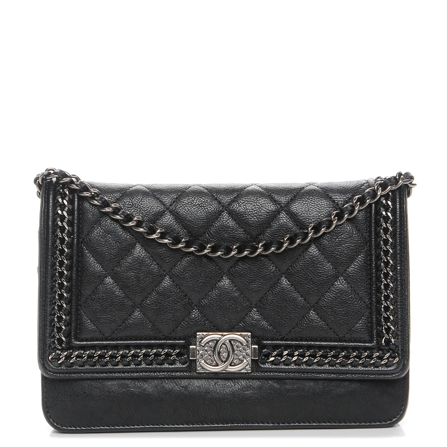 Calfskin Quilted Chain Around Boy Wallet On Chain WOC Black