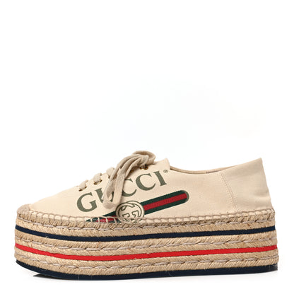 Gucci Canvas Logo Lace-Up Platform Espadrilles 38.5 Greggio Grege 1 of 10