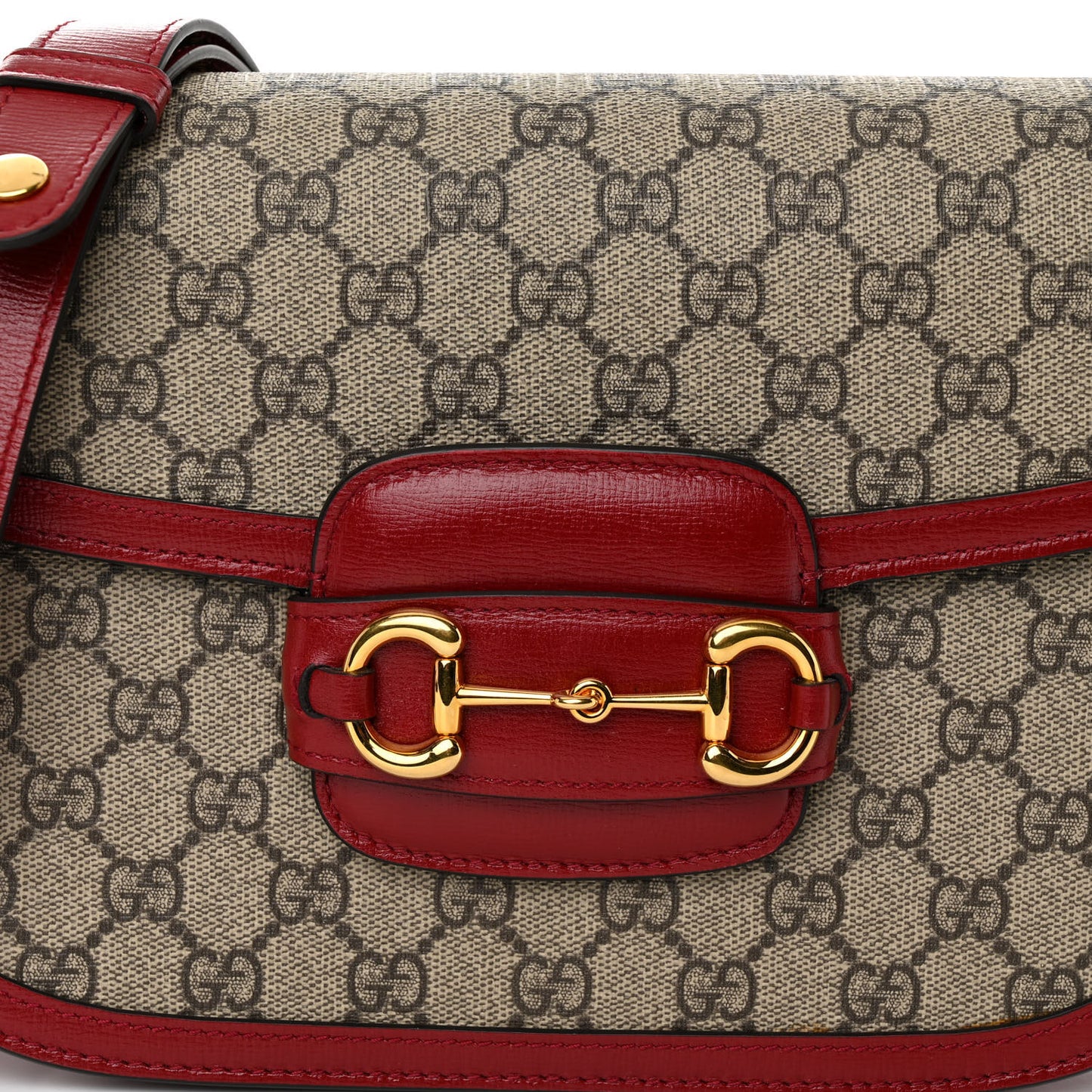 GG Supreme Monogram Azalea Calfskin Horsebit 1955 Shoulder Bag Beige Ebony New Cherry Red