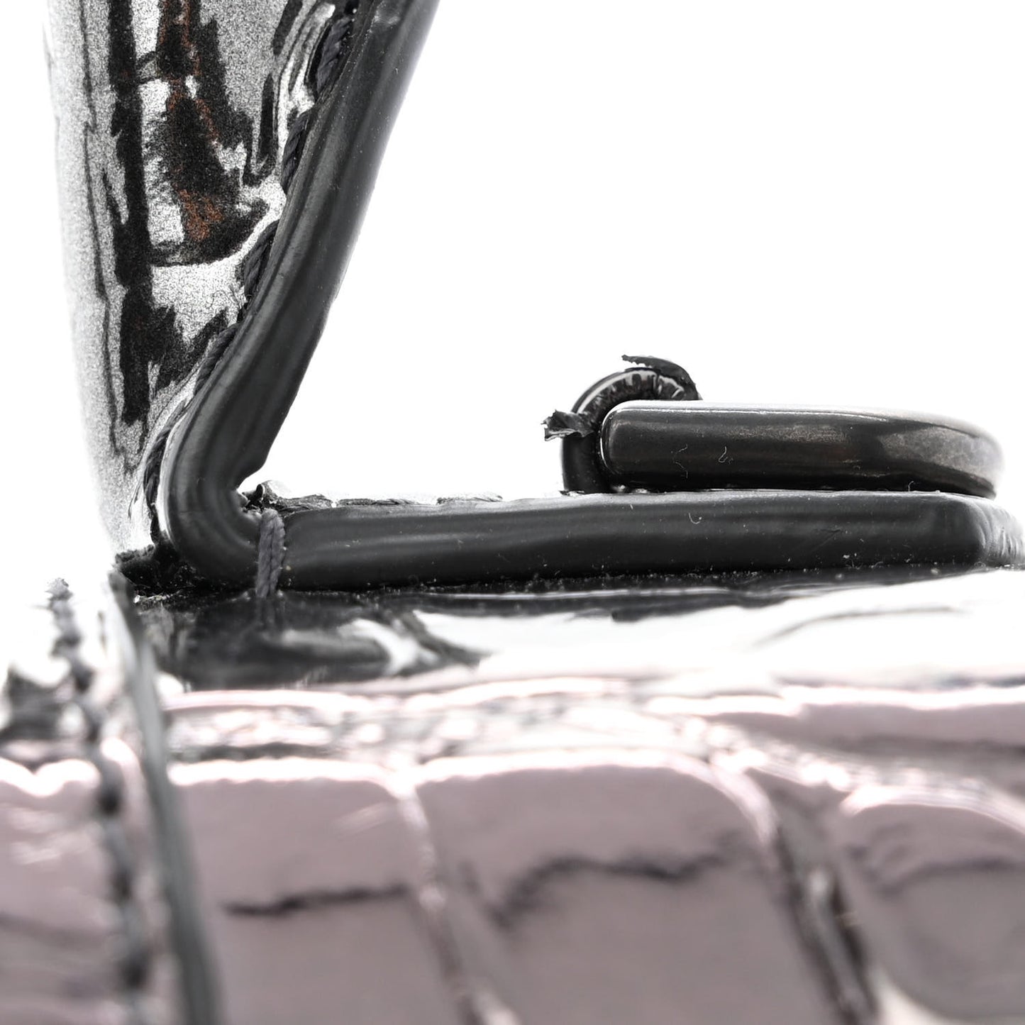 Metallic Shiny Calfskin Crocodile Embossed Hourglass Top Handle Bag XS Gunmetal