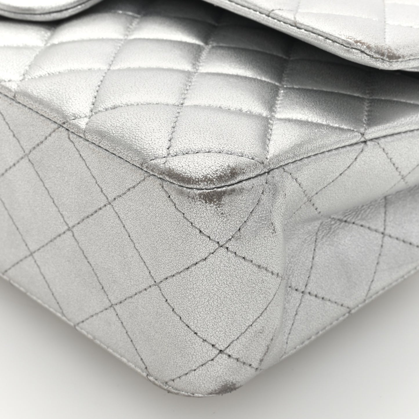 Metallic Lambskin Quilted Medium Double Flap Silver