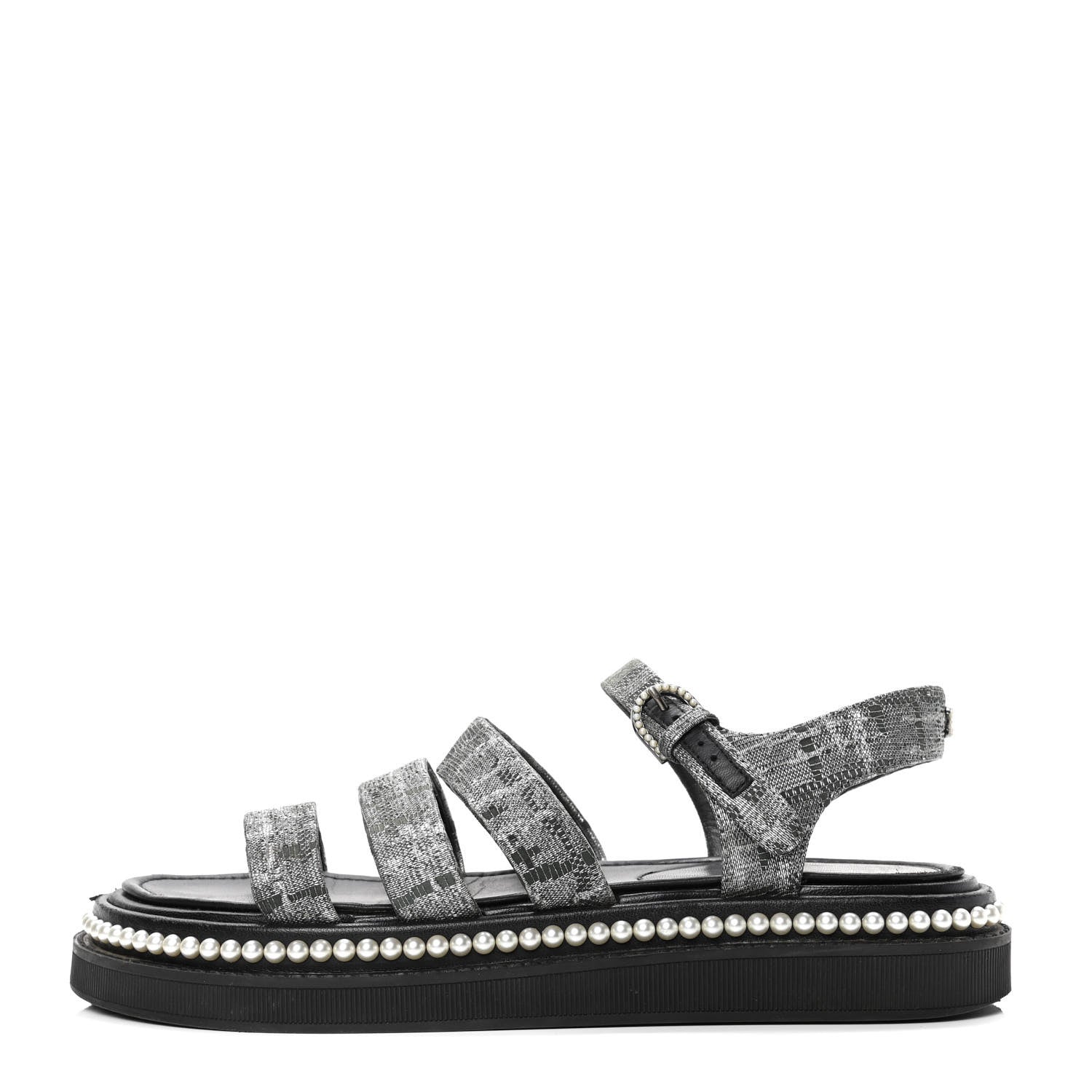 Chanel Tweed Grosgrain Pearl Platform Sandals 37.5 Black 1 of 4