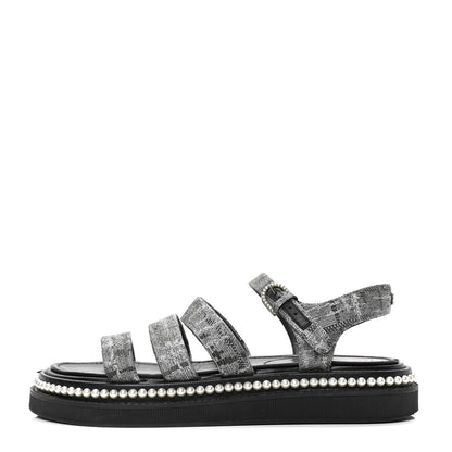 Chanel Tweed Grosgrain Pearl Platform Sandals 37.5 Black 1 of 4
